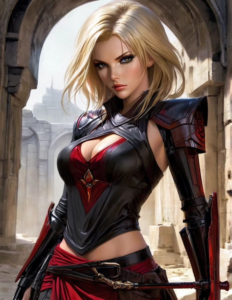 Une femme au cheveux longs blonde, seule,  apparence sensuelle, seigneur sith, inspiré de star Wars old republic, en armure moulante noir, marche dans des ruines d'un temple sith de koriban sombre, sabre laser rouge en main, a un regard fort, des yeux doré, un visage doux  et autoritaire , démarche gracieuse, courbes parfaite pour le corps en sablier, hanche ronde en forme de coeur.