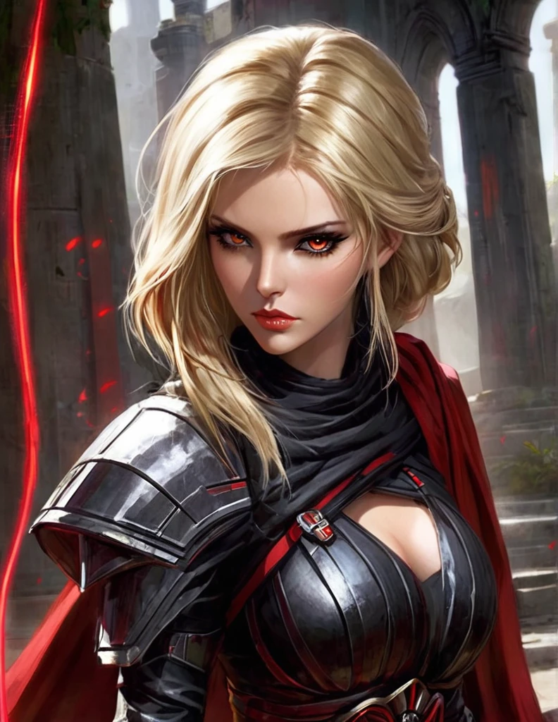 Une femme au cheveux longs blonde, seule,  apparence sensuelle, seigneur sith, inspiré de star Wars old republic, en armure moulante noir, marche dans des ruines d'un temple sith de koriban sombre, sabre laser rouge en main, a un regard fort, des yeux doré, un visage doux  et autoritaire , démarche gracieuse, courbes parfaite pour le corps en sablier, hanche ronde en forme de coeur.