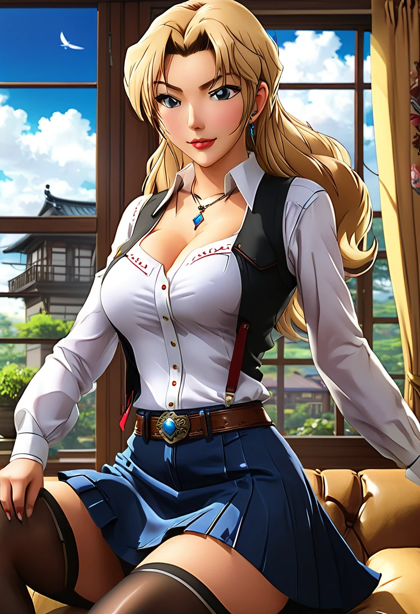 (masterpiece, best quality:1.2), ((Extremely detailed)), high resolution, Anime style , photo, photography, Detailed background,1. Beautiful woman Lei Dianming, (Pantyhose), boots,Cowboy shooting, Looking at the audience,A faint smile, earrings, skirt, Necklace, Vest, Cross your legs, From below, On the sofa, Windows, living room,Anime style，blond