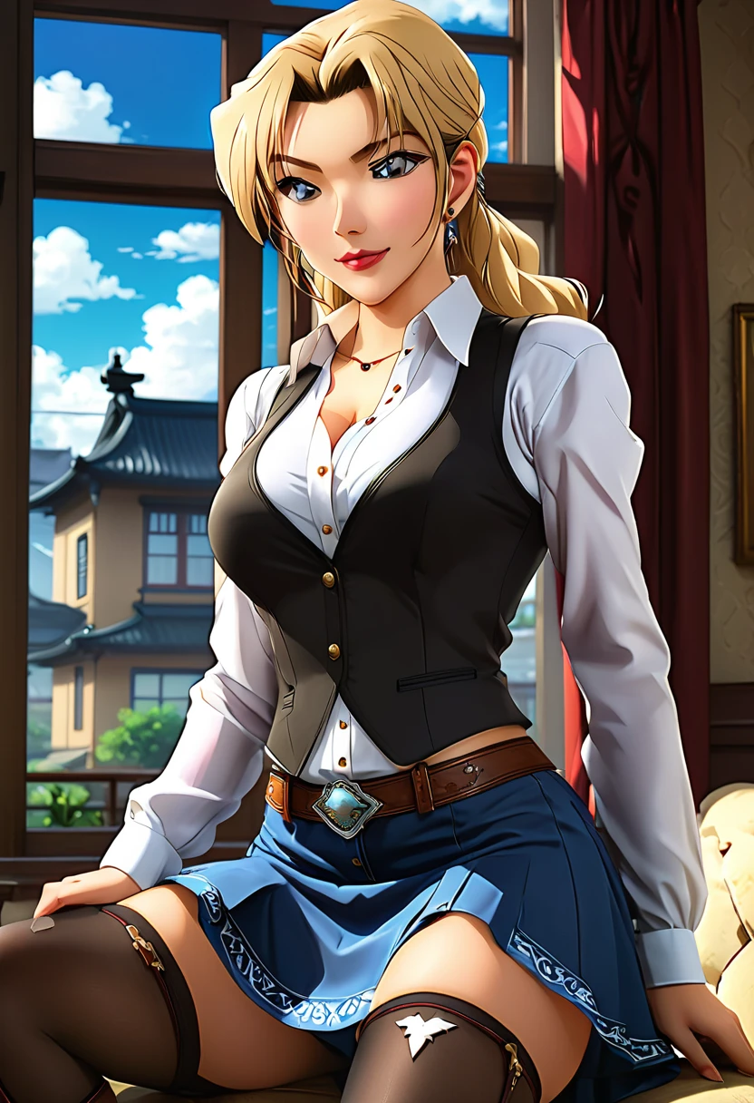 (masterpiece, best quality:1.2), ((Extremely detailed)), high resolution, Anime style , photo, photography, Detailed background,1. Beautiful woman Lei Dianming, (Pantyhose), boots,Cowboy shooting, Looking at the audience,A faint smile, earrings, skirt, Necklace, Vest, Cross your legs, From below, On the sofa, Windows, living room,Anime style，blond