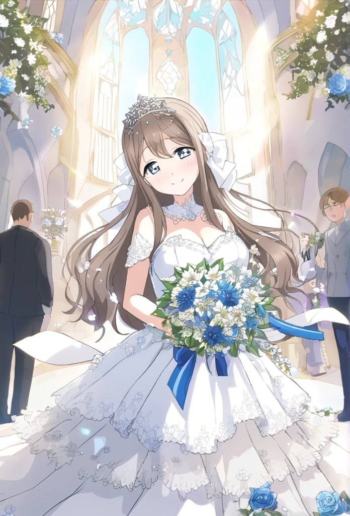 Sakurazaka Shizuku　Brown Hair　Light blue eyes　Long Hair　Big hair ribbon　tiara　black and white wedding dress　Light blue floral decoration dress　church　smile　Huge breasts　Shining　Tears of joy　Light blue flower bouquet