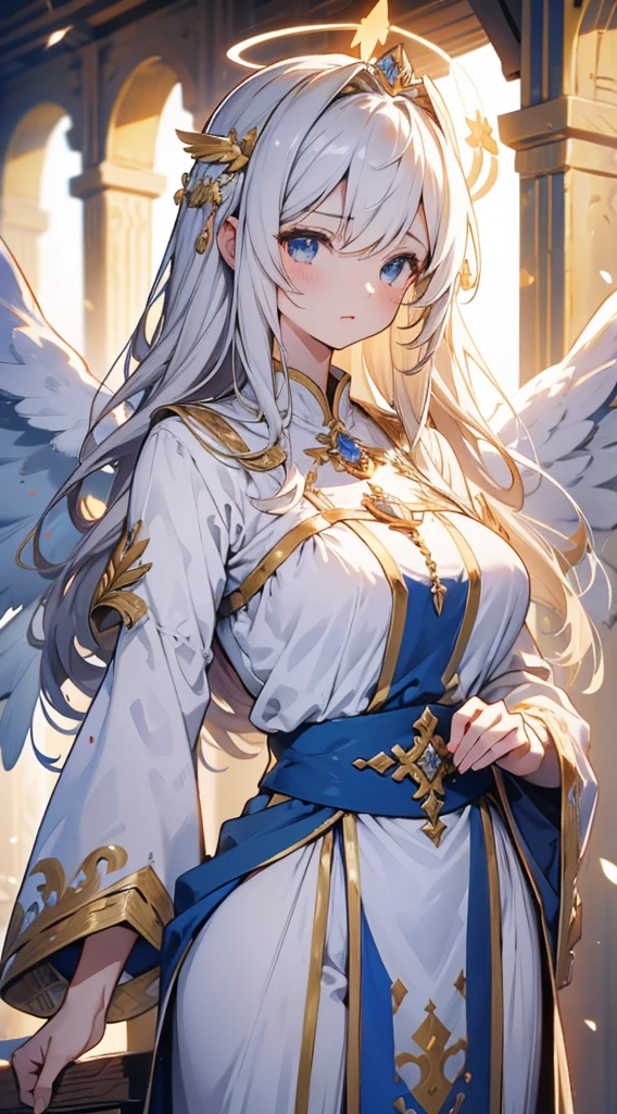 goddess，Fantasy style，Magic Style，Greek style，White gold color scheme，White and gold，goddess，Halo，Divinity，wing，wing，wing，wing，wing，Big breasts大屁股，Big breasts，Full figure，Royal sister，graceful，Noble temperament，robe，高开叉robe，高开叉robe，裸露的thigh，thigh，thigh，Golden runes，Kingdom of Heaven background，Ancient Greek temple background，Close-up above the waist，Upper body close-up，Western style，Western style clothing，古希腊robe，Gods，Divinity，goddess，wing，goddess，goddess，Gods，cross