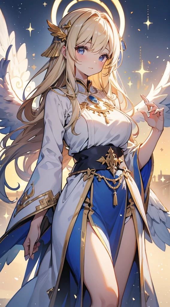 goddess，Fantasy style，Magic Style，Greek style，White gold color scheme，White and gold，goddess，Halo，Divinity，wing，wing，wing，wing，wing，Big breasts大屁股，Big breasts，Full figure，Royal sister，graceful，Noble temperament，robe，高开叉robe，高开叉robe，裸露的thigh，thigh，thigh，Golden runes，Kingdom of Heaven background，Ancient Greek temple background，Close-up above the waist，Upper body close-up，Western style，Western style clothing，古希腊robe，Gods，Divinity，goddess，wing，goddess，goddess，Gods，cross