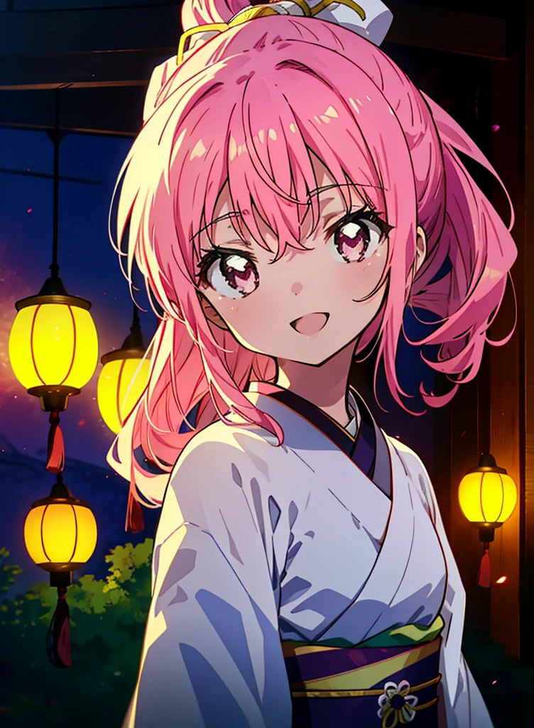 Louise Françoise Le Brun from La V全てiere,Pink Hair,Pink Eyes,Long Hair,ponytail,hair ornaments,happy smile, smile, Open your mouth,White Kimono,Thick sleeves,日本のfestival,夏festivalの屋台,Red Lantern,night,night空のfirework,firework,場所はfirework大会,時間はnightです,sunny day,turn around,まるでwhole bodyがイラストの中にいるかのように,walking,　　　　　　　　　　　　　　　  　　　　　break looking at viewer, whole body, (Cowboy Shot:1. 5),  　　　　　
break outdoors, festival,shrine,
break (masterpiece:1.2), Highest quality, High resolution, unity 8k wallpaper, (shape:0.8), (Beautiful attention to detail:1.6), Highly detailed face, Perfect lighting, Extremely detailed CG, (Perfect hands, Perfect Anatomy),