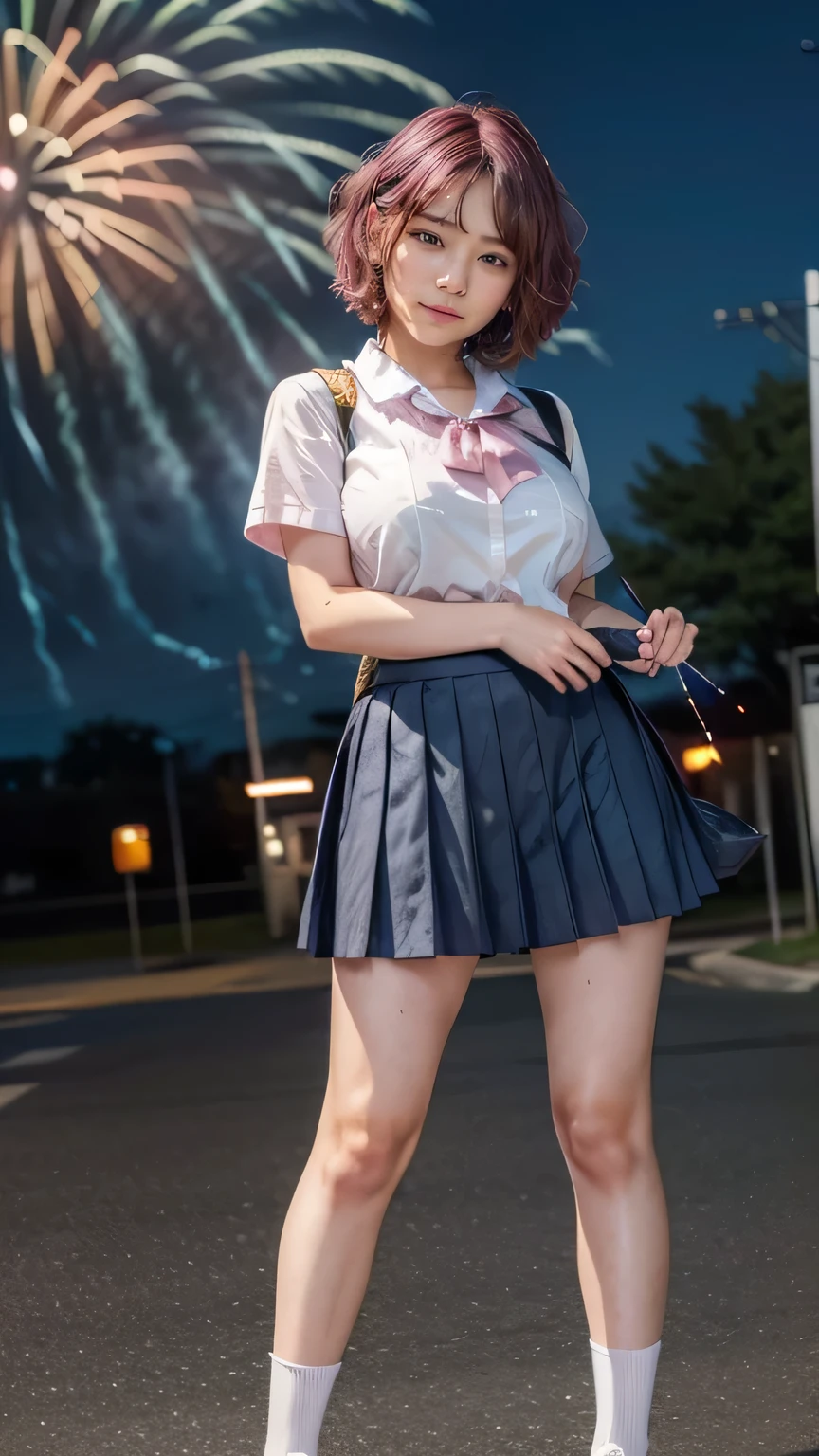 (High school girl playing fireworks:1.2、Sparkler、Japanese sparklers、Summer in Japan、night:1.4)、((school uniform、Ｙshirt、Pleated skirt、Navy blue socks、loafers)、the wind is strong、(Realistic、Like a photograph、Live Action、8K, Realistic, RAW Photos, Best image quality: 1.4), Single-lens reflex camera、RAW Photos, Highest quality, Realistic, Highly detailed CG Unity 8K wallpaper, Written boundary depth, Cinematic Light, Lens flare, Ray Tracing, Realistic background、((ultra high density skin))、 Teenage Girl,Cute Japanese、(Hand-held fireworks、Big Breasts)、(whole body:1.5)、Super detailed face，avert your eyes:1.1、(Pink inner color hair、short hair:1.2、My hair flutters in the wind:1.4)、I like that style、stylish、Very detailed、Pay attention to the details、Perfect outfit、(Sunburned skin)、View from the front、Accurate hands、Accurate legs、Detailed hands and fingers、Anatomically correct body、Thin legs、Thin thighs