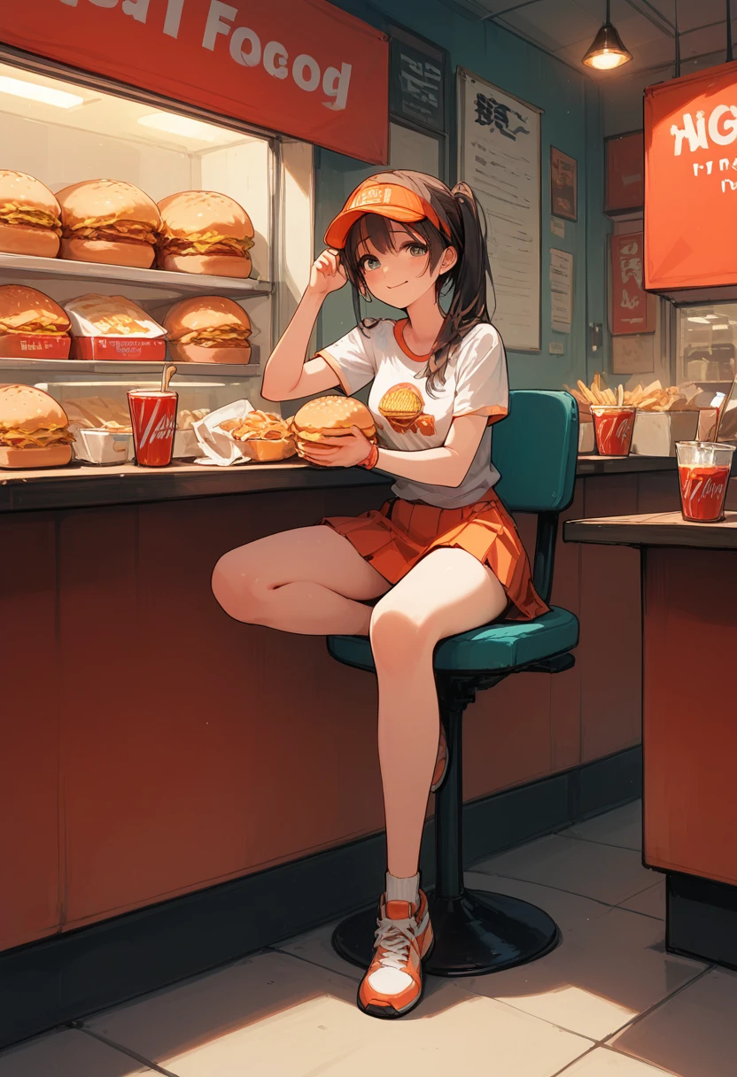 histoire de gotoh, visière orange, Chemise à manches courtes, minijupe plissée (uniforme de franchise de restauration rapide), sourire timide, servir un combo (Burger, frites, pépites, un soda), pose cool, salon d'un restaurant de restauration rapide, animé, Cinématique, Spectaculaire, chef-d&#39;œuvre, vue dynamique, tout le corps,