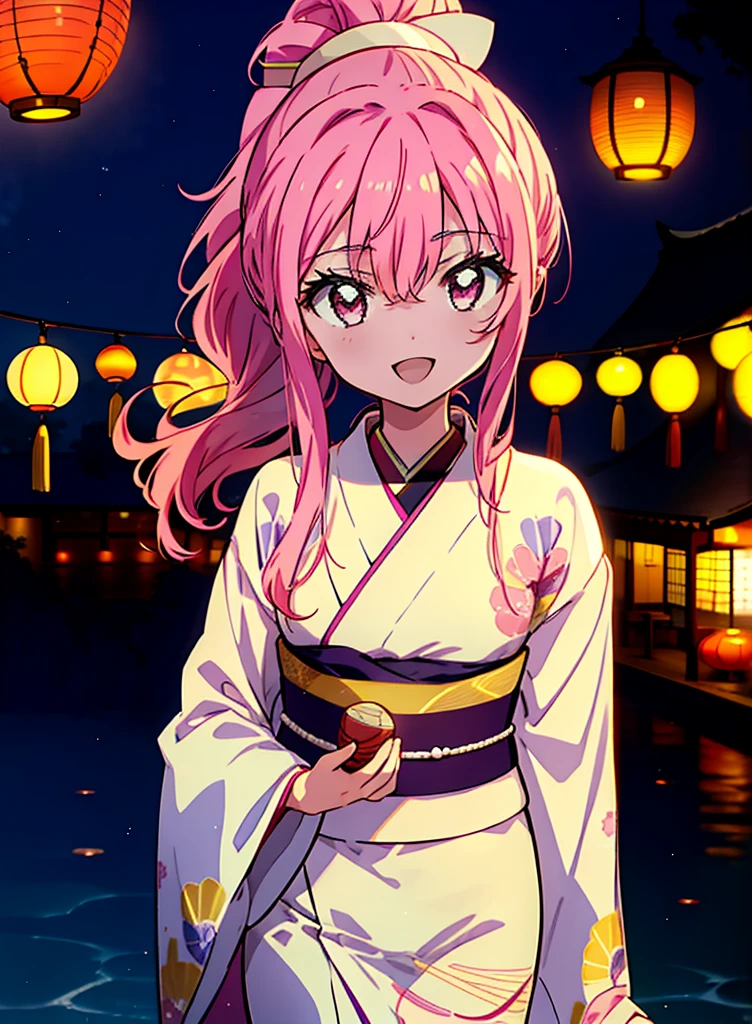 Louise Françoise Le Brun from La V全てiere,Pink Hair,Pink Eyes,Long Hair,ponytail,hair ornaments,happy smile, smile, Open your mouth,White Kimono,Thick sleeves,日本のfestival,夏festivalの屋台,Red Lantern,night,night空のfirework,firework,場所はfirework大会,時間はnightです,sunny day,turn around,まるでwhole bodyがイラストの中にいるかのように,walking,　　　　　　　　　　　　　　　  　　　　　break looking at viewer, whole body, (Cowboy Shot:1. 5),  　　　　　
break outdoors, festival,shrine,
break (masterpiece:1.2), Highest quality, High resolution, unity 8k wallpaper, (shape:0.8), (Beautiful attention to detail:1.6), Highly detailed face, Perfect lighting, Extremely detailed CG, (Perfect hands, Perfect Anatomy),