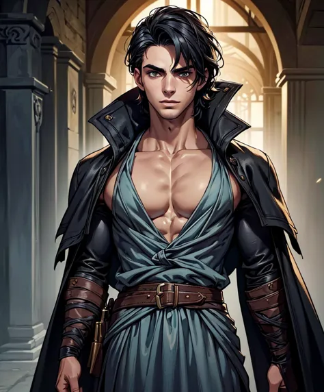 (((single character image.))) (((1boy))) (((dressed in medieval fantasy attire.)))  (((generate a darkly handsome male character...