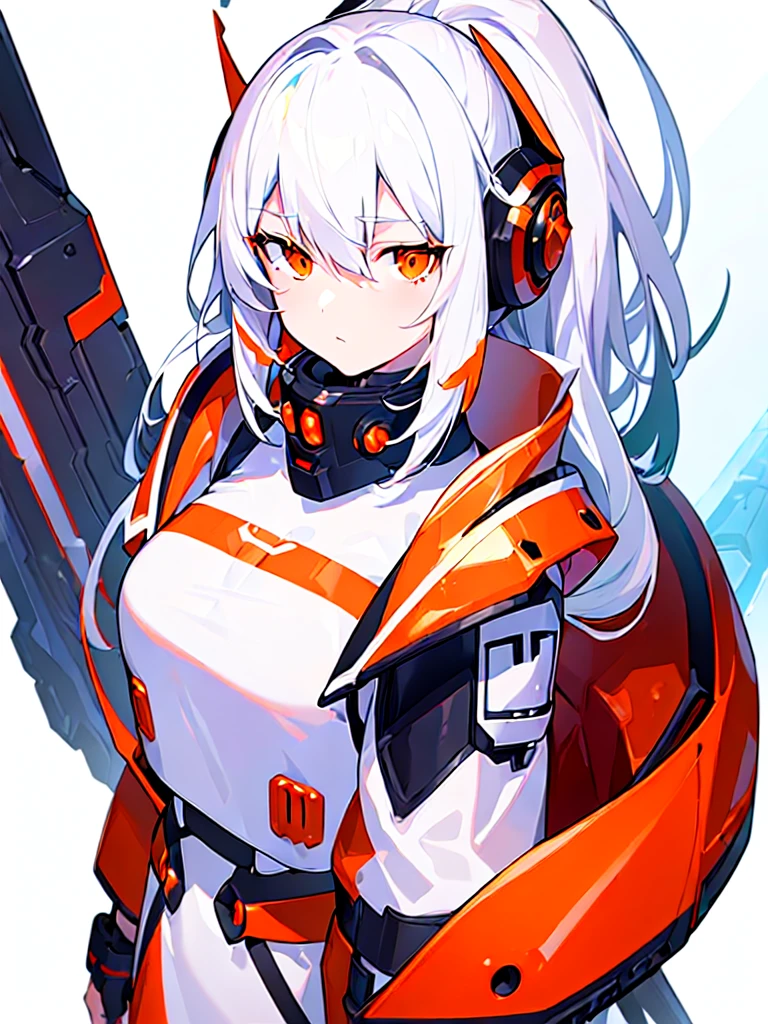 [(WHITE BACKGROUND:1.5),::5], ((((masterpiece)))), high quality, ultra very high resolution, full color, (((solo))), ((Mecha musume)), girl, ((WHITE hair)), orange streaked hair, (orange eyes), anime, ((upper body)), black parka, Black cyborg armor, ((scorn))