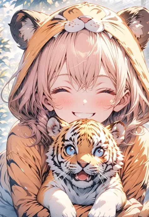 masterpiece, best quality, extremely detailed CG unity 8k wallpaper, Anime illustration of a  wearing a tiger costume. I have a ...