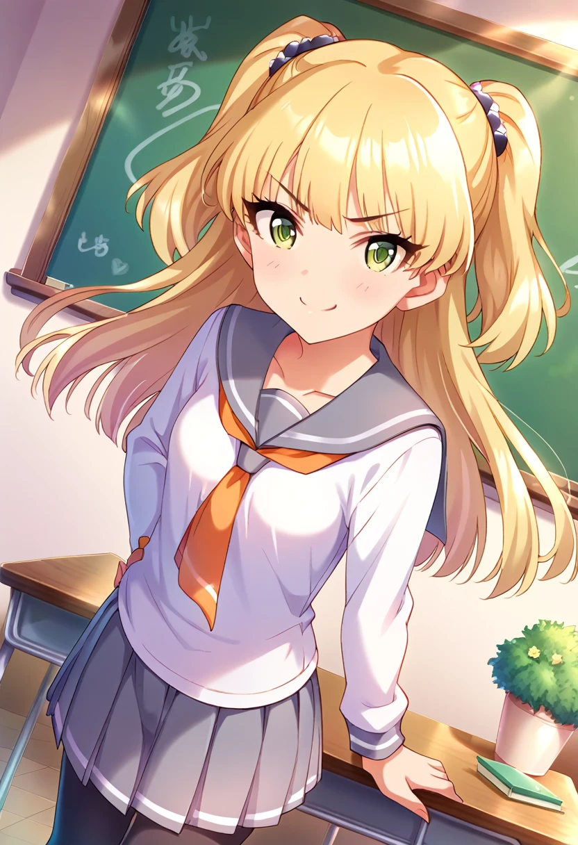 score_9, score_8_up, score_7_up, source_anime BREAK pinup of 1girl, jgskrk, long hair, blonde hair, twintails, v-shaped eyebrows, green eyes, blush, closed mouth, smile, collarbone, small breasts, grey sailor uniform, long sleeves, light black sailor collar, light black bow, light black pleated skirt, black pantyhose, looking at viewer, solo, indoors, standing, school desk, dark white wall, chalkboard, glass windows, tree, day, dutch angle,
