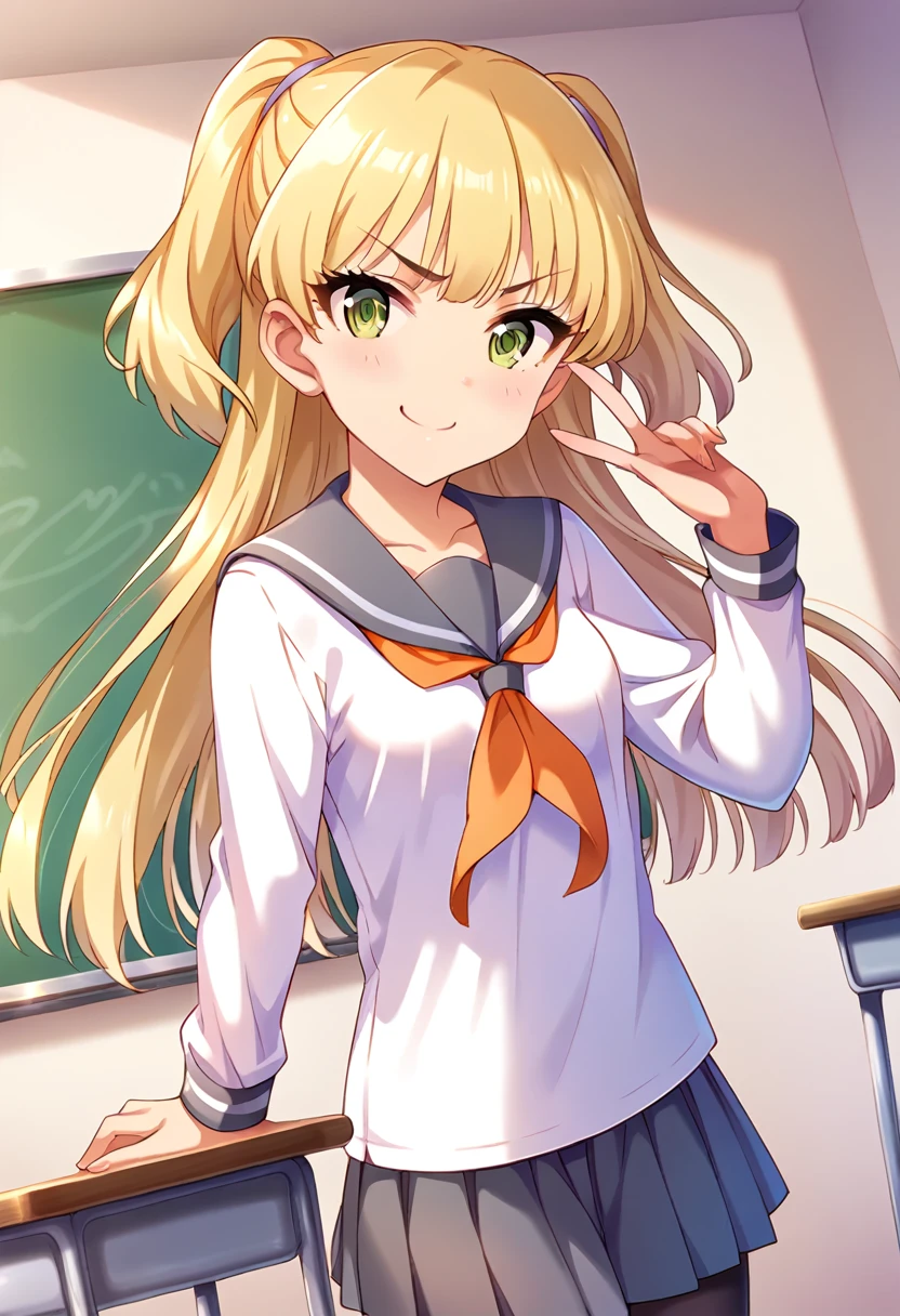 score_9, score_8_up, score_7_up, source_anime BREAK pinup of 1girl, jgskrk, long hair, blonde hair, twintails, v-shaped eyebrows, green eyes, blush, closed mouth, smile, collarbone, small breasts, grey sailor uniform, long sleeves, light black sailor collar, light black bow, light black pleated skirt, black pantyhose, looking at viewer, solo, indoors, standing, school desk, dark white wall, chalkboard, glass windows, tree, day, dutch angle,
