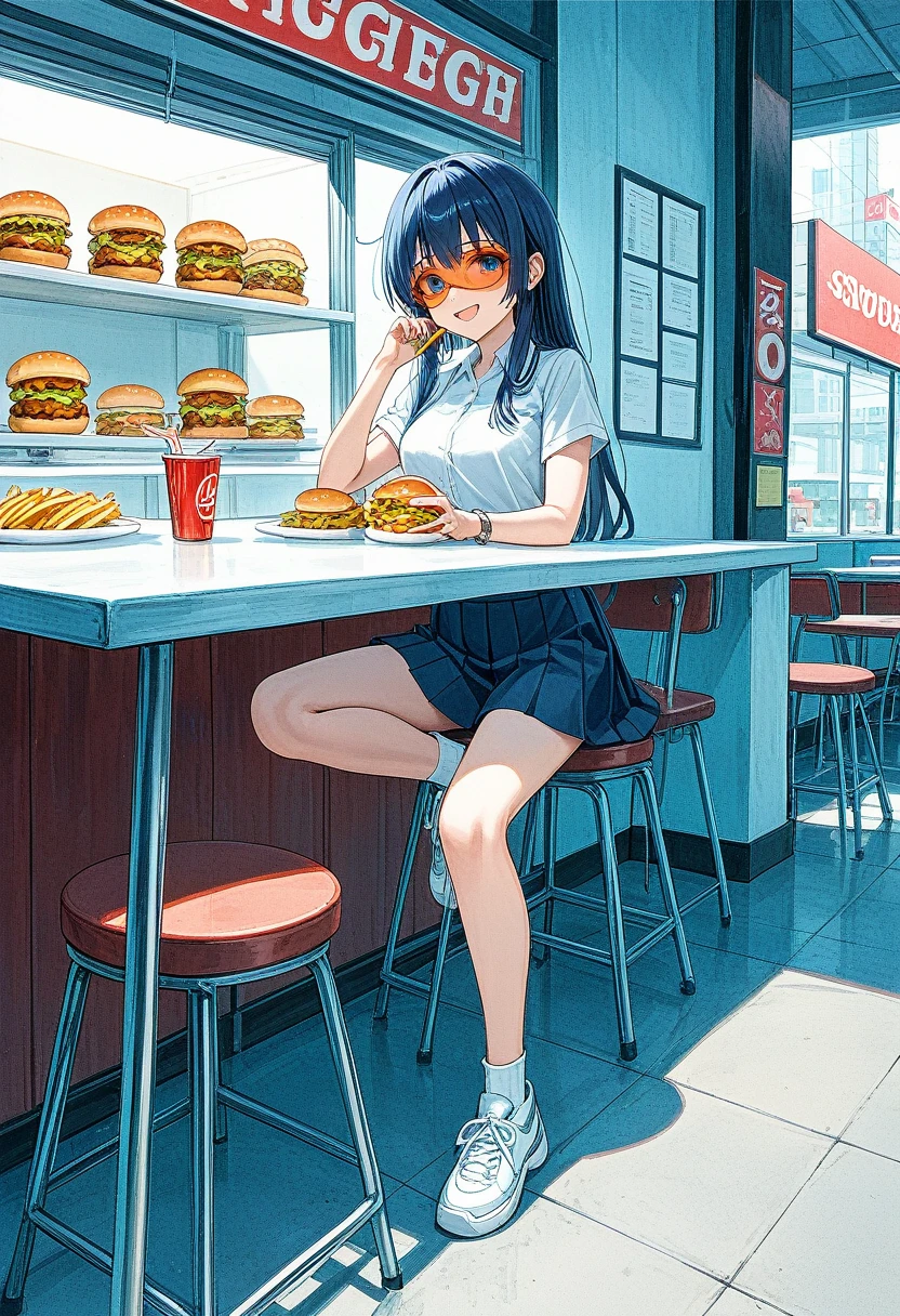 Bocchi-san, orange visor, short-sleeved shirt, pleated miniskirt (fast food franchise uniform), shy smile, serving a combo tray (burger, fries, nuggets, soda), sexy pose, lounge of a fast-food restaurant, anime, cinematic, dramatic, masterpiece, dynamic view, full body,