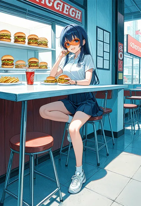 bocchi-san, orange visor, short-sleeved shirt, pleated miniskirt (fast food franchise uniform), shy smile, serving a combo tray ...