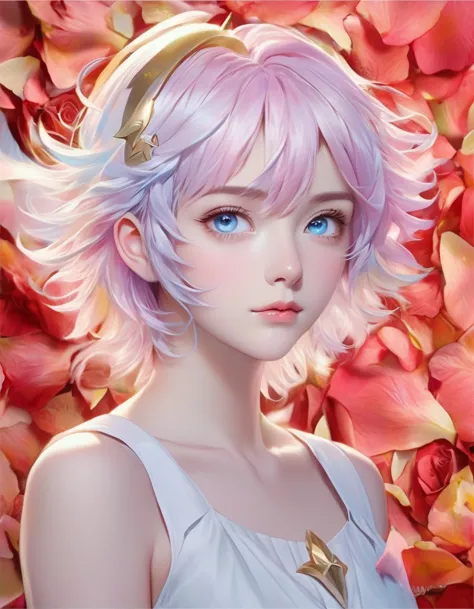 anime girl with pink hair and blue eyes surrounded by rose petals, portrait of a girl in the knights of the zodiac, stunning ani...