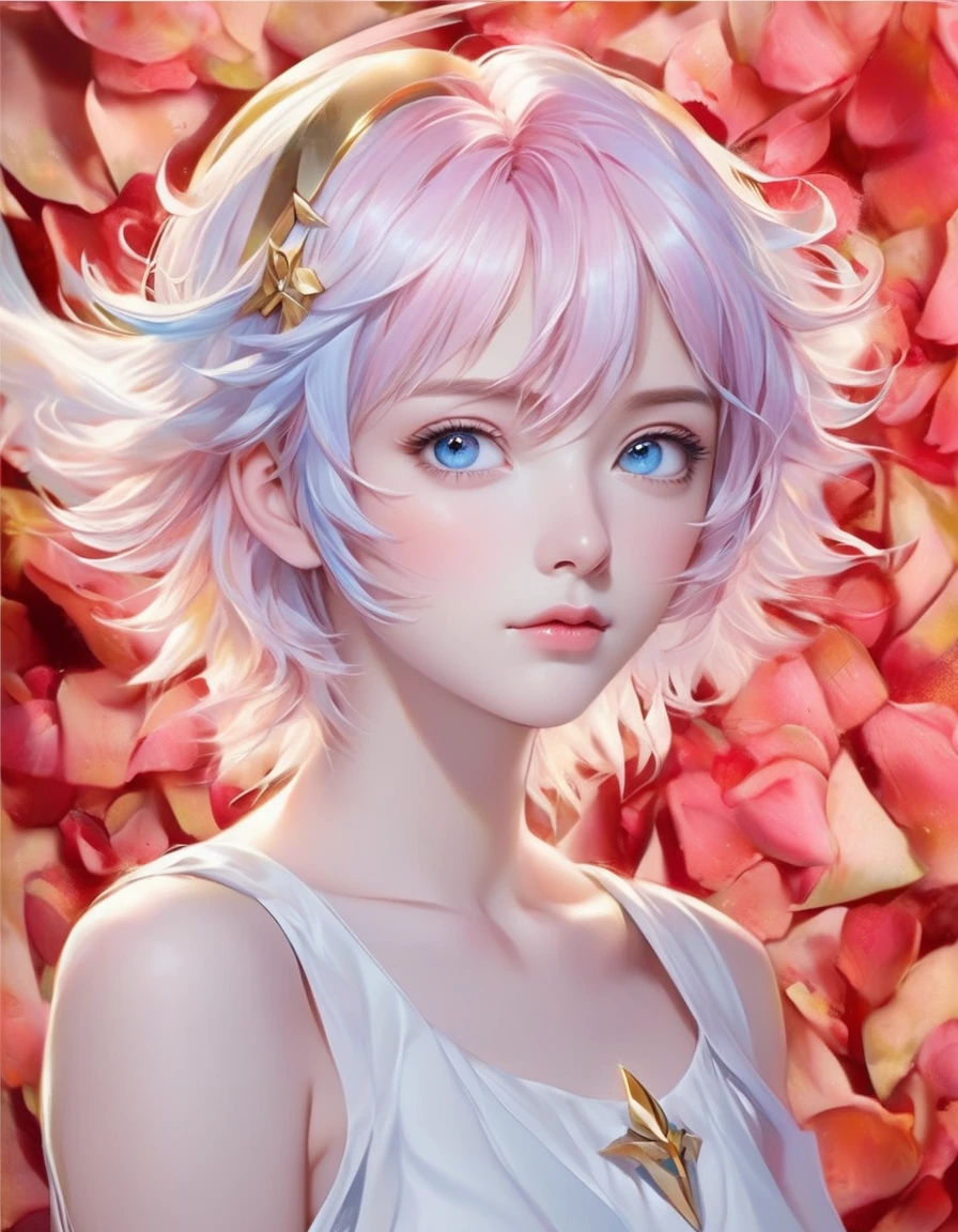 Anime girl with pink hair and blue eyes surrounded by rose petals, Portrait of a girl in the Knights of the Zodiac, Stunning Anime Face Portraits, Detailed digital anime art, Gwaiz, Beautiful anime portraits, Inspired by Yanjun Chen, 8k high quality detailed art, artwork in the style of Gwaiz, Smooth anime CG art, Yanjun Chent, Cute realistic portrait