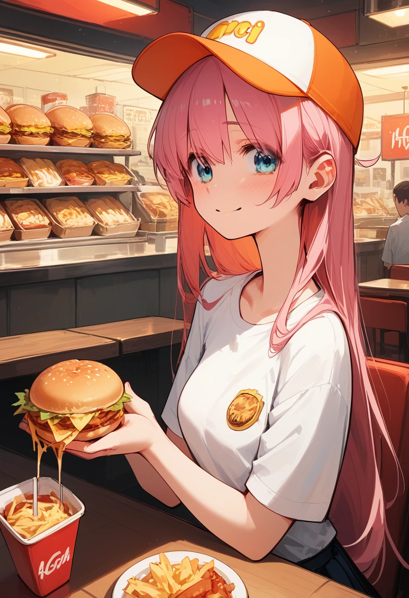 Bocchi-san, visière orange, Chemise à manches courtes, minijupe plissée (uniforme de franchise de restauration rapide), sourire timide, livrant un plateau combiné (Burger, frites, pépites, un soda), dans le salon d'un restaurant de restauration rapide, animé, Cinématique, Spectaculaire, chef-d&#39;œuvre, vue dynamique, tout le corps,