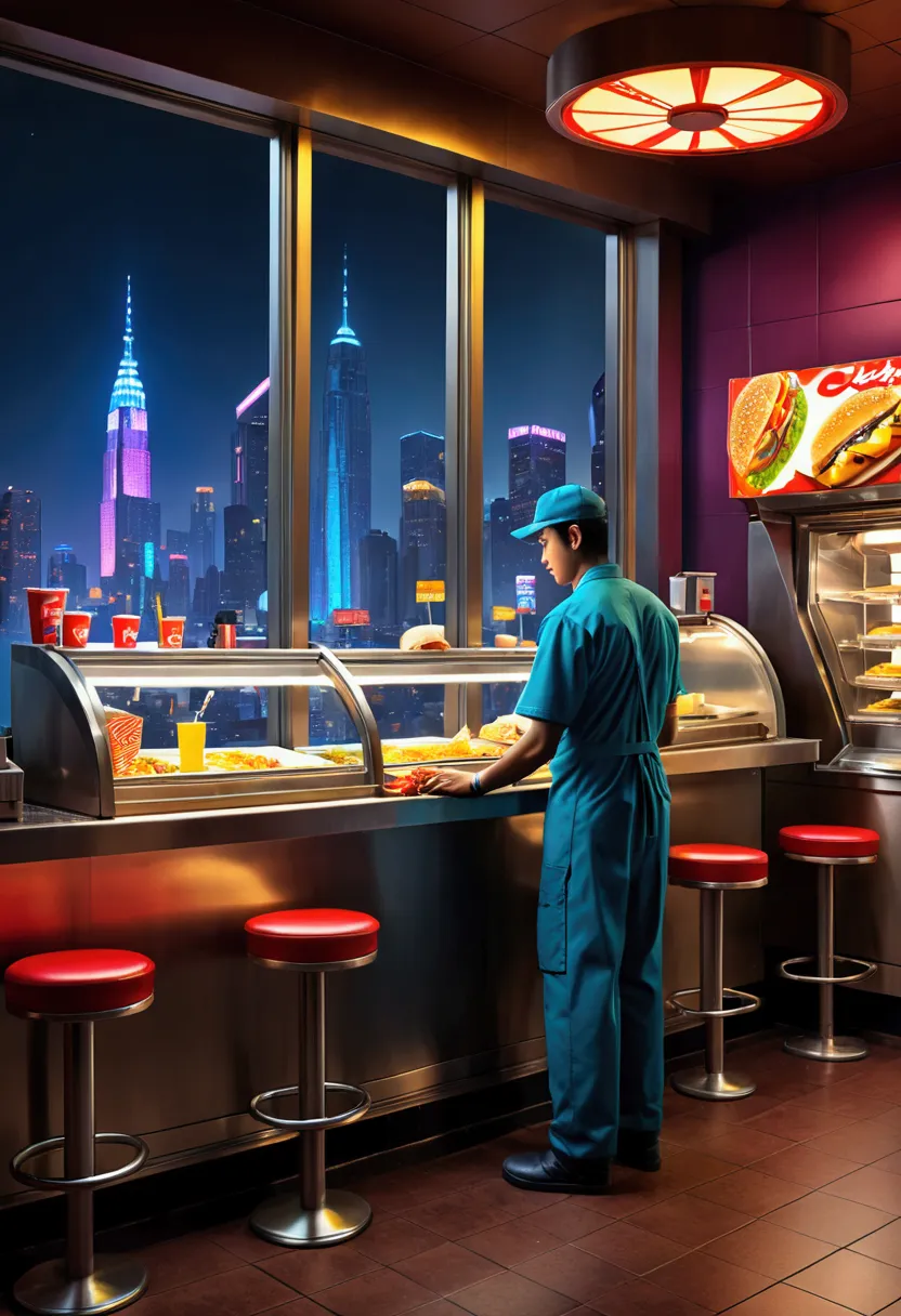 (Fast Food Worker), Cyberpunk style, a fast food clerk is doing the final tidying up work in the restaurant at night. The lights...