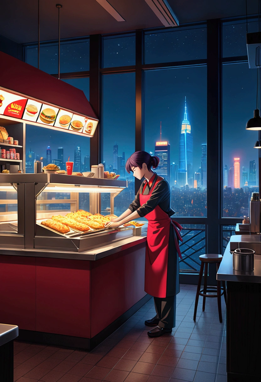 (Fast Food Worker), Cyberpunk style, a fast food clerk is doing the final tidying up work in the restaurant at night. The lights inside the restaurant emit charming colors, and the clerk's figure appears particularly prominent at the window, with the background of night city, full body, (Photography), panoramic view, award-winning, cinematic still, emotional, vignette, dynamic, vivid, (masterpiece, best quality, Professional, perfect composition, very aesthetic, absurdres, ultra-detailed, intricate details:1.3)