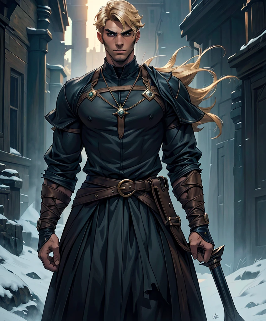 (((Single character image.))) (((1boy))) (((Dressed in medieval fantasy attire.)))  (((Generate a darkly handsome male character for a fantasy setting.))) (((Appears to be 20 years old with youthful looks.))) (((Looks like the ideal vision of a sexy, handsome rugged male.))) Design a handsome, attractive male adventurer for a fantasy setting.  He has strong features and shoulder length blond hair. (((The background to the image is dark and eerie..)))  (((Looks like Jon Kortajarena.))) best quality:1.0,hyperealistic:1.0,photorealistic:1.0,madly detailed CG unity 8k wallpaper:1.0,masterpiece:1.3,madly detailed photo:1.2, hyper-realistic lifelike texture:1.4, picture-perfect:1.0,8k, HQ,best quality:1.0, 