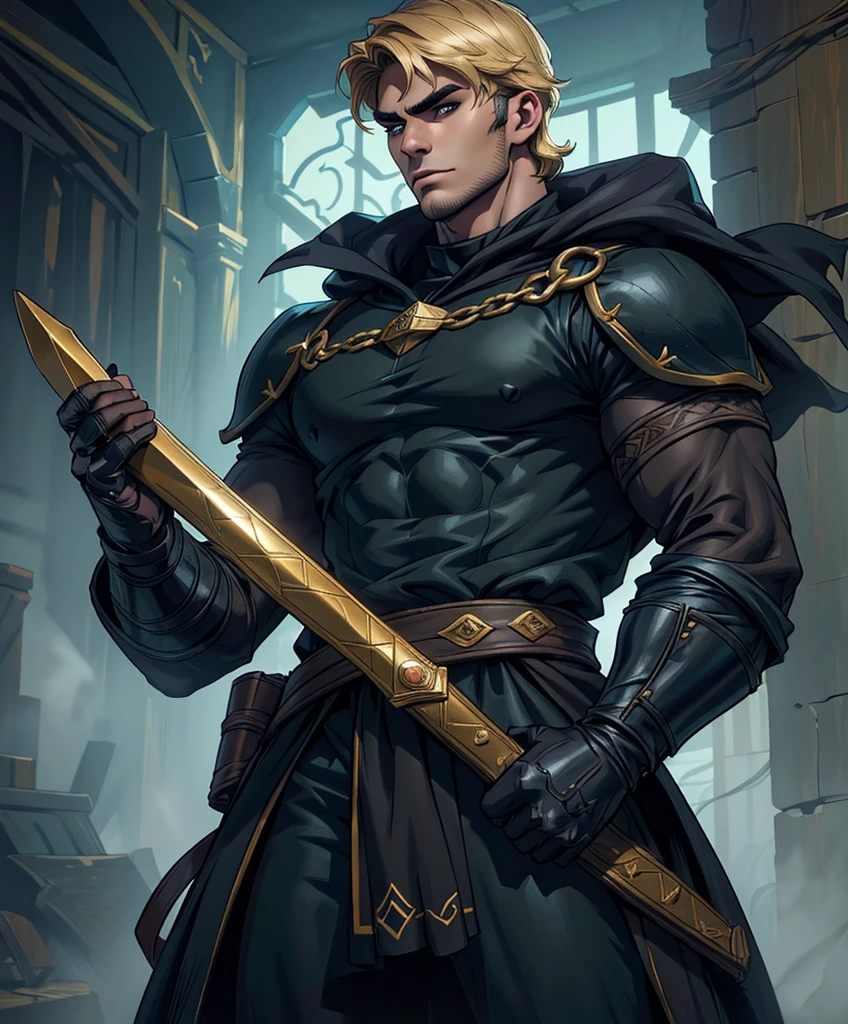 (((Single character image.))) (((1boy))) (((Dressed in medieval fantasy attire.)))  (((Generate a darkly handsome male character for a fantasy setting.))) (((Appears to be 20 years old with youthful looks.))) (((Looks like the ideal vision of a sexy, handsome rugged male.))) Design a handsome, attractive male adventurer for a fantasy setting.  He has strong features and shoulder length blond hair. (((The background to the image is dark and eerie..)))  (((Looks like Jon Kortajarena.))) best quality:1.0,hyperealistic:1.0,photorealistic:1.0,madly detailed CG unity 8k wallpaper:1.0,masterpiece:1.3,madly detailed photo:1.2, hyper-realistic lifelike texture:1.4, picture-perfect:1.0,8k, HQ,best quality:1.0, 