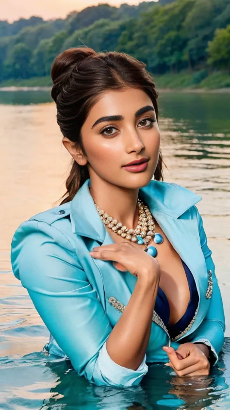 close up photo of 30 years old pooja hegde, doing hand to big penis lying on river, swooping breasts, deep cleavage, look at cam...