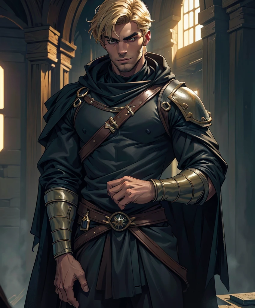 (((Single character image.))) (((1boy))) (((Dressed in medieval fantasy attire.)))  (((Generate a darkly handsome male character for a fantasy setting.))) (((Appears to be 20 years old with youthful looks.))) (((Looks like the ideal vision of a sexy, handsome rugged male.))) Design a handsome, attractive male adventurer for a fantasy setting.  He has strong features and shoulder length blond hair. (((The background to the image is dark and eerie..)))  (((Looks like Jon Kortajarena.))) best quality:1.0,hyperealistic:1.0,photorealistic:1.0,madly detailed CG unity 8k wallpaper:1.0,masterpiece:1.3,madly detailed photo:1.2, hyper-realistic lifelike texture:1.4, picture-perfect:1.0,8k, HQ,best quality:1.0, 