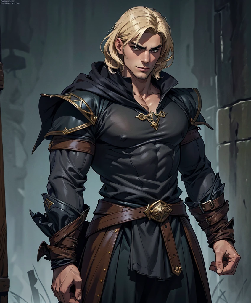 (((Single character image.))) (((1boy))) (((Dressed in medieval fantasy attire.)))  (((Generate a darkly handsome male character for a fantasy setting.))) (((Appears to be 20 years old with youthful looks.))) (((Looks like the ideal vision of a sexy, handsome rugged male.))) Design a handsome, attractive male adventurer for a fantasy setting.  He has strong features and shoulder length blond hair. (((The background to the image is dark and eerie..)))  (((Looks like Jon Kortajarena.))) best quality:1.0,hyperealistic:1.0,photorealistic:1.0,madly detailed CG unity 8k wallpaper:1.0,masterpiece:1.3,madly detailed photo:1.2, hyper-realistic lifelike texture:1.4, picture-perfect:1.0,8k, HQ,best quality:1.0, 