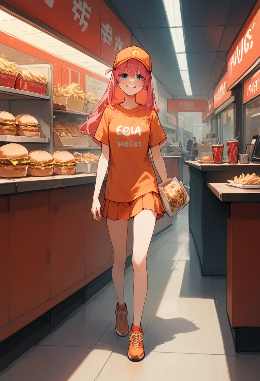 Bocchi-san, viseira laranja, Camisa de manga curta, Minissaia plissada (uniforme de franquia de fast food), sorriso tímido, entregando um combo bandeja (hambúrguer, fritas, Pepitas, refrigerante), andando no salão de um restaurante de fast-food, anime, cinematic, dramático, obra de arte, visualização dinâmica, corpo todo,