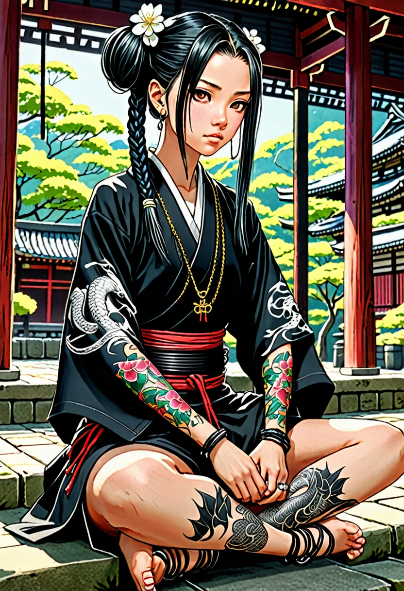 The image shows a young girl sitting in what appears to be an outdoor setting, possibly in an environment resembling a temple or a traditional Japanese area. The girl's hair is black and styled in an anime-like fashion, with two small braids on the sides. Her eyes are large and expressive, with a hint of contemplation or sadness in her gaze. She has tattoos covering her arms and legs, including intricate designs featuring dragons and flowers. She is wearing a loose black shirt with a drawing of a dog on the chest, possibly with some Japanese writings or symbols on the sleeve. She is adorned with several necklaces and bracelets, giving her a youthful and trendy appearance. She also has some earrings. Behind the girl, there is a pair of traditional Japanese swords (katana) strapped to her back, giving her a warrior-like look.緒に 