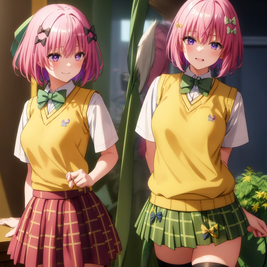 Momodebilke, Deviluke Type, demon tail, Hair Flowers, hair ornaments, (Purple eyes:1.1), Pink Hair, short hair, tail, smile,最高masterpiece，Highest quality，
break demon tail, green skirt, Plaid, Plaid skirt, Sainan High , , skirt, Sweater vest, Knee socks, (Yellow Sweater:1.5), Short sleeve, bow, (green bow:1.5),
break indoors, classroom,
break looking at viewer, (Cowboy Shot:1.5),
break (masterpiece:1.2), Highest quality, High resolution, unity 8k wallpaper, (figure:0.8), (beautiful detailed eyes:1.6), extremely detailed face, Perfect lighting, extremely detailed CG, (Perfect hands, Perfect Anatomy),