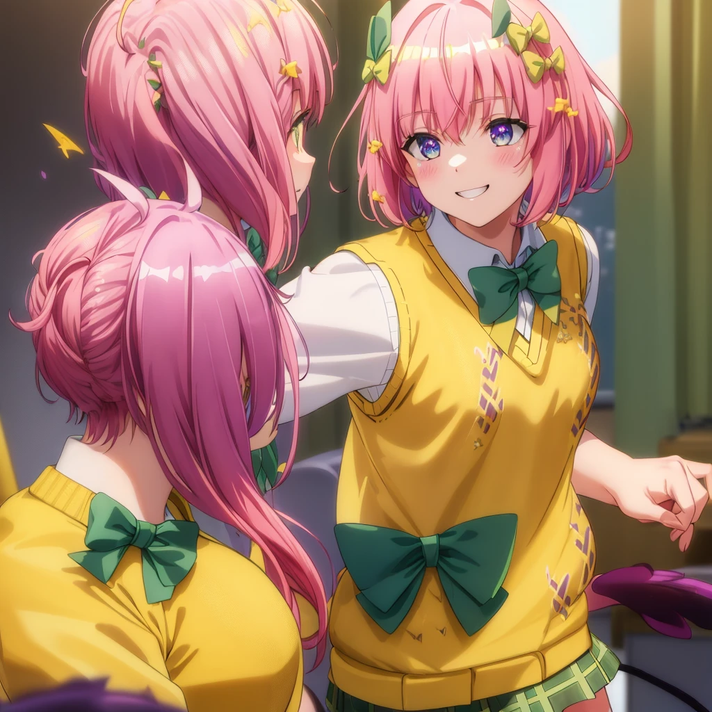 Momodebilke, Deviluke Type, demon tail, Hair Flowers, hair ornaments, (Purple eyes:1.1), Pink Hair, short hair, tail, smile,最高masterpiece，Highest quality，
break demon tail, green skirt, Plaid, Plaid skirt, Sainan High , , skirt, Sweater vest, Knee socks, (Yellow Sweater:1.5), Short sleeve, bow, (green bow:1.5),
break indoors, classroom,
break looking at viewer, (Cowboy Shot:1.5),
break (masterpiece:1.2), Highest quality, High resolution, unity 8k wallpaper, (figure:0.8), (beautiful detailed eyes:1.6), extremely detailed face, Perfect lighting, extremely detailed CG, (Perfect hands, Perfect Anatomy),