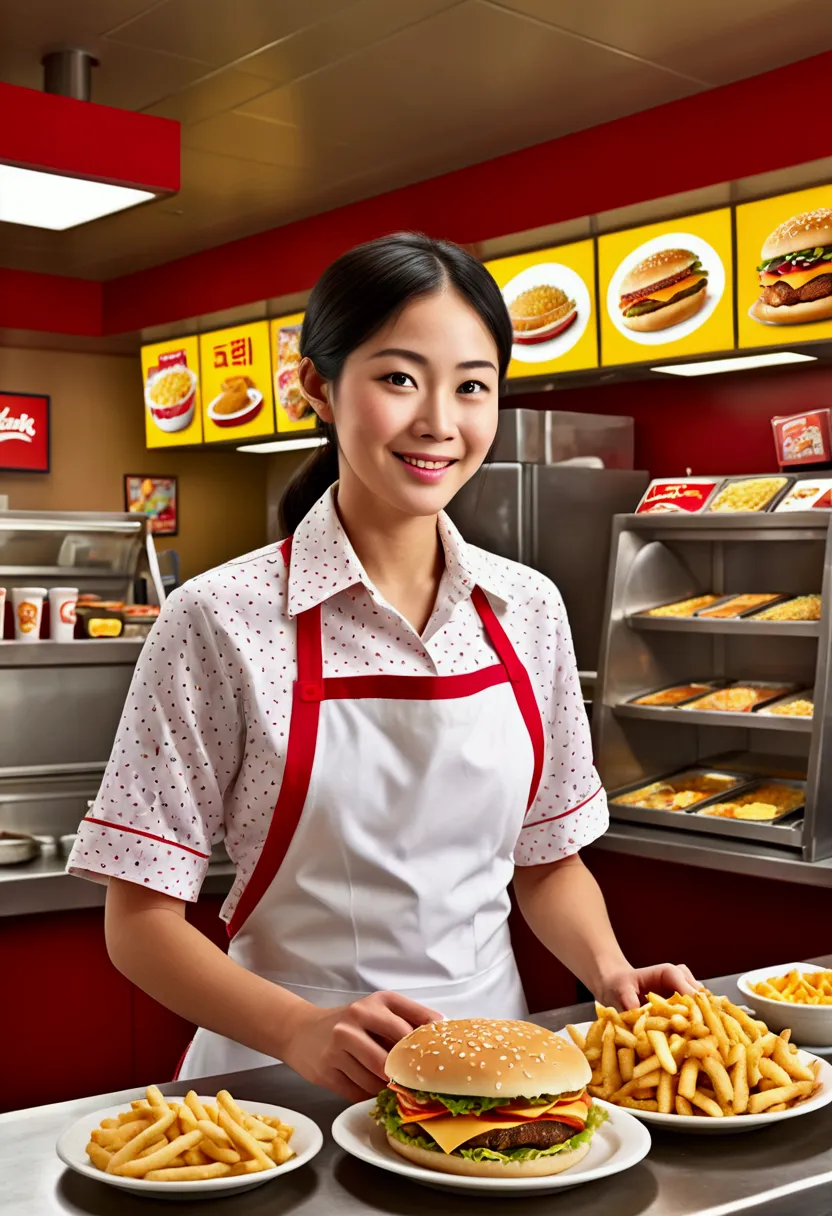 (a Fast Food Worker), A fast-food worker prepares customers' orders quickly with skillful skills in an country fast-food restaur...