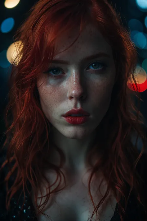 1girl, red hair, low light, darkness, full thick pouty lips, artistic masterpiece, (mist:0.6), cinematic film still photography,...