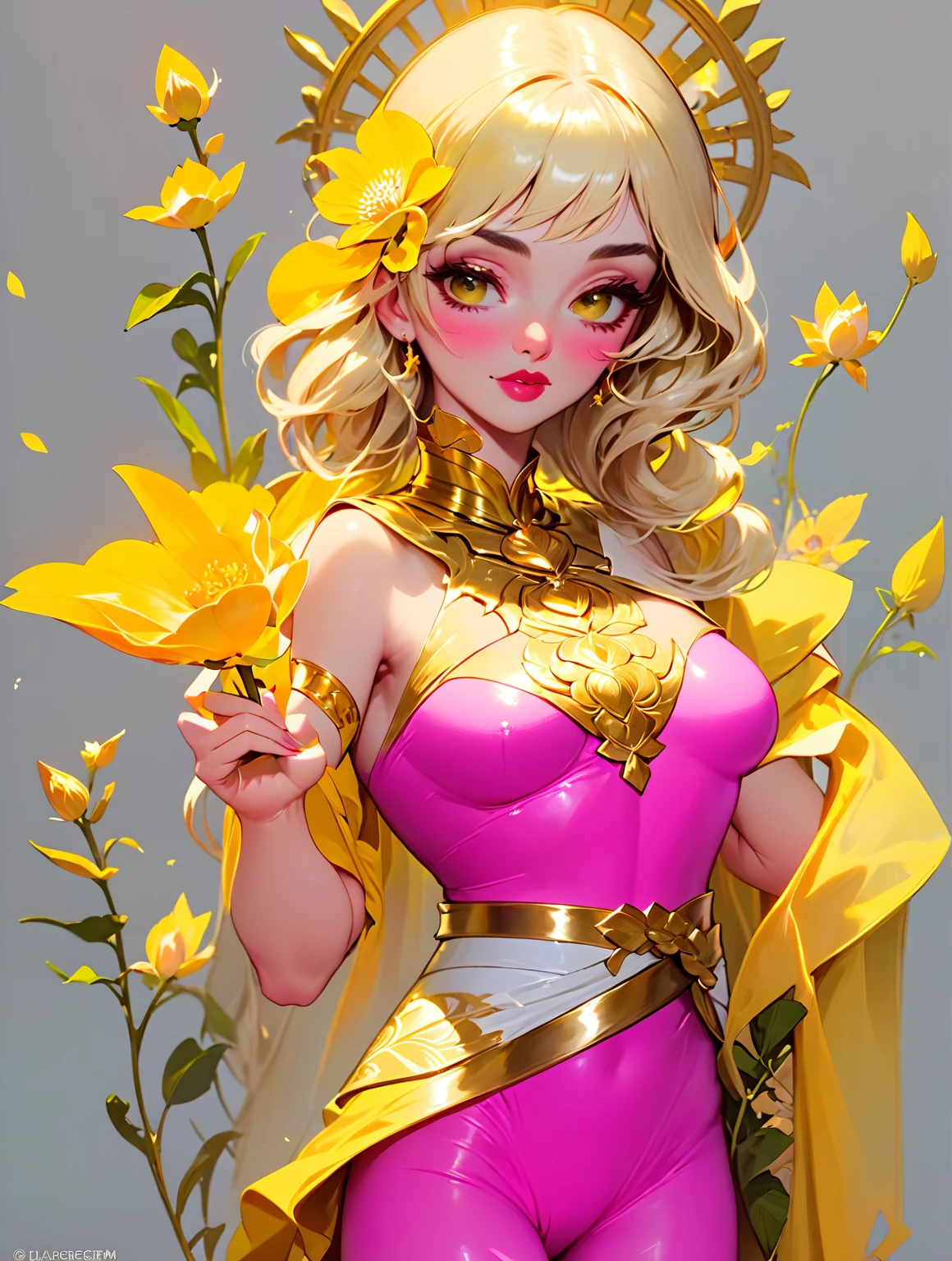 une femme dans une tenue jaune et rose tenant une fleur, portrait de Darna moderne, Astri Lohne, déesse indienne of wealth, pose royale élégante, Style Artgerm, princesse du lotus doré, pose royale, séné de League of Legends, in style d&#39;artgerme, style d&#39;artgerme, déesse indienne, artgerm détaillé