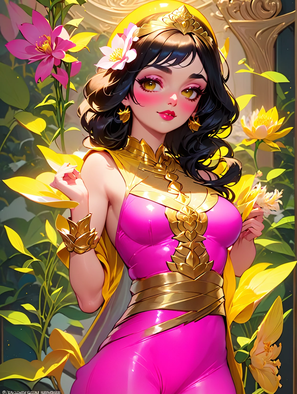 Una mujer con un traje amarillo y rosa sosteniendo una flor., retrato de la Darna moderna, astri lohne, diosa india of wealth, pose elegante real, estilo artgerm, princesa de loto dorado, regal pose, Senna de League of Legends, in estilo de germen artístico, estilo de germen artístico, diosa india, artgerm detallado