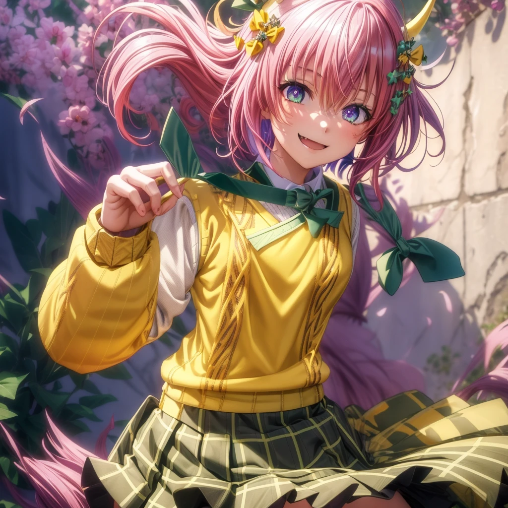 Momodebilke, Deviluke Type, demon tail, One person，Hair Flowers, hair ornaments, (Purple eyes:1.1), Pink Hair, short hair, tail, smile,最高masterpiece，Highest quality，
break demon tail, green skirt, Plaid, Plaid skirt, Sainan High , , skirt, Sweater vest, Knee socks, (Yellow Sweater:1.5), Short sleeve, bow, (green bow:1.5),
break indoors, classroom,
break looking at viewer, (Cowboy Shot:1.5),
break (masterpiece:1.2), Highest quality, High resolution, unity 8k wallpaper, (figure:0.8), (beautiful detailed eyes:1.6), extremely detailed face, Perfect lighting, extremely detailed CG, (Perfect hands, Perfect Anatomy),