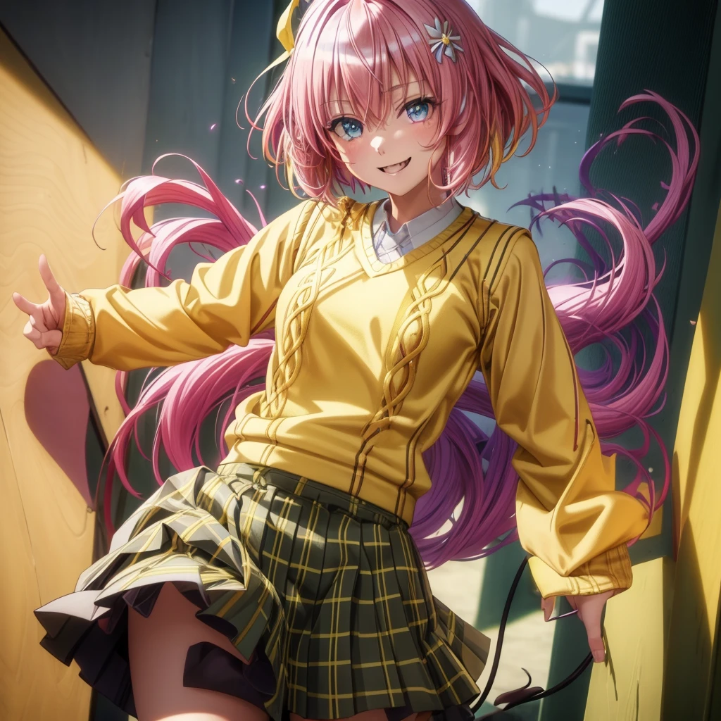 Momodebilke, Deviluke Type, demon tail, One person，Hair Flowers, hair ornaments, (Purple eyes:1.1), Pink Hair, short hair, tail, smile,最高masterpiece，Highest quality，
break demon tail, green skirt, Plaid, Plaid skirt, Sainan High , , skirt, Sweater vest, Knee socks, (Yellow Sweater:1.5), Short sleeve, bow, (green bow:1.5),
break indoors, classroom,
break looking at viewer, (Cowboy Shot:1.5),
break (masterpiece:1.2), Highest quality, High resolution, unity 8k wallpaper, (figure:0.8), (beautiful detailed eyes:1.6), extremely detailed face, Perfect lighting, extremely detailed CG, (Perfect hands, Perfect Anatomy),