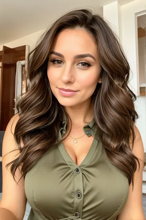 lcapture a stunning 29-year-old uk woman, wearing a vest, cleavage,  her hair is a rich brunette with subtle highlights, styled ...