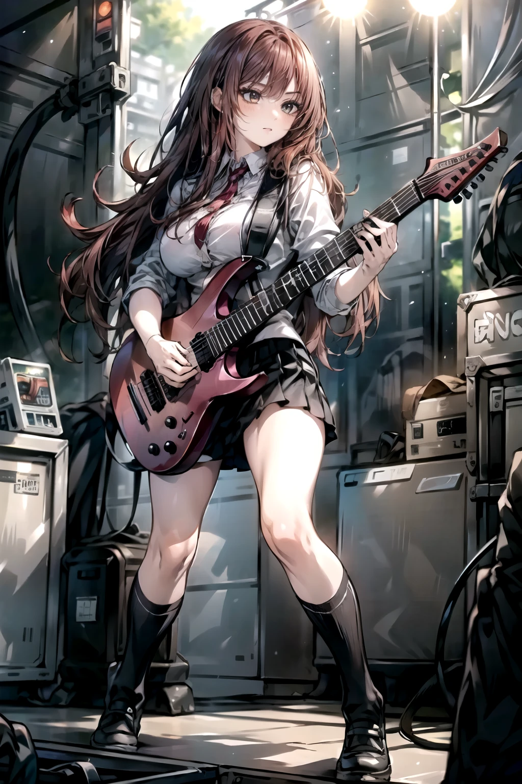 ((best quality)), ((masterpiece)), (detailed), 1girl, high , long hair, Red hair, guitar, holding a guitar, Punk style ,dynamic pose, big breasts, short skirt, long socks, black socks, concert stage script,