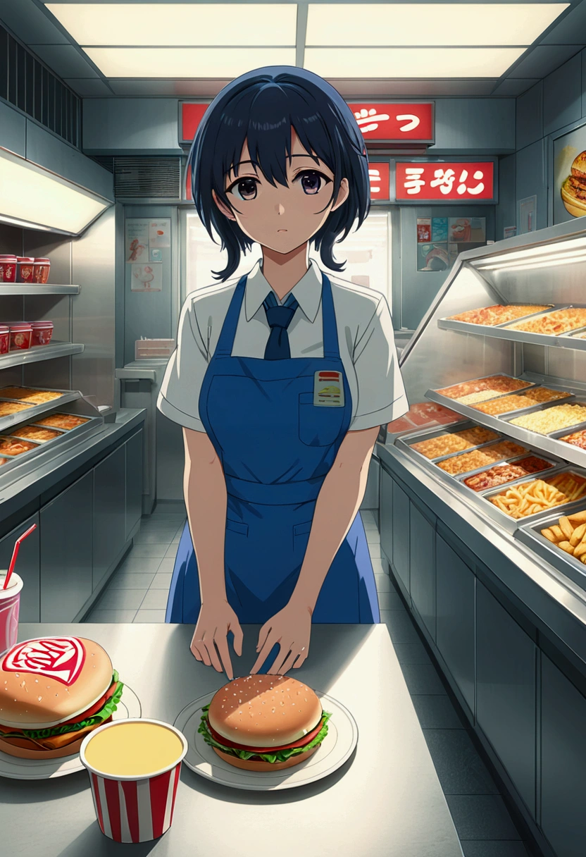 (a Fast Food Worker), full body, award-winning, cinematic still, emotional, vignette, dynamic, vivid, (masterpiece, best quality, Professional, perfect composition, very aesthetic, absurdres, ultra-detailed, intricate details:1.3), by Makoto Shinkai and Makoto Niitsu style