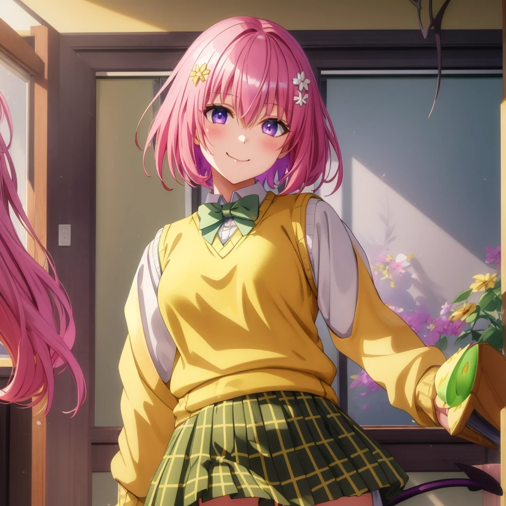 Momodebilke, Deviluke Type, demon tail, One person，Hair Flowers, hair ornaments, (Purple eyes:1.1), Pink Hair, short hair, tail, smile,最高masterpiece，Highest quality，
break demon tail, green skirt, Plaid, Plaid skirt, Sainan High , , skirt, Sweater vest, Knee socks, (Yellow Sweater:1.5), Short sleeve, bow, (green bow:1.5),
break indoors, classroom,
break looking at viewer, (Cowboy Shot:1.5),
break (masterpiece:1.2), Highest quality, High resolution, unity 8k wallpaper, (figure:0.8), (beautiful detailed eyes:1.6), extremely detailed face, Perfect lighting, extremely detailed CG, (Perfect hands, Perfect Anatomy),