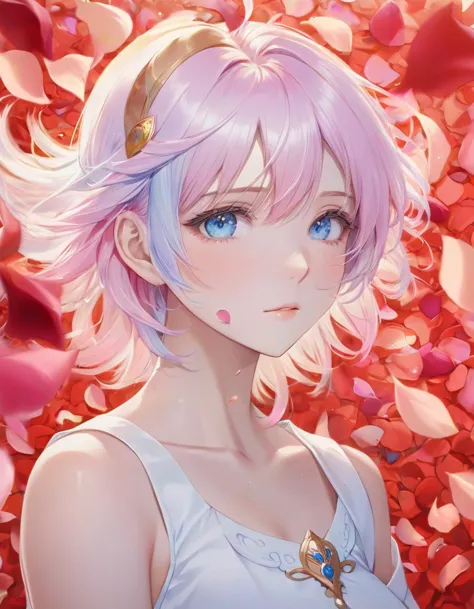 Anime girl with pink hair and blue eyes surrounded by rose petals, Portrait of a girl in the Knights of the Zodiac, Stunning Ani...