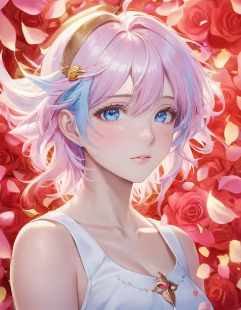 Anime girl with pink hair and blue eyes surrounded by rose petals, Portrait of a girl in the Knights of the Zodiac, Stunning Ani...