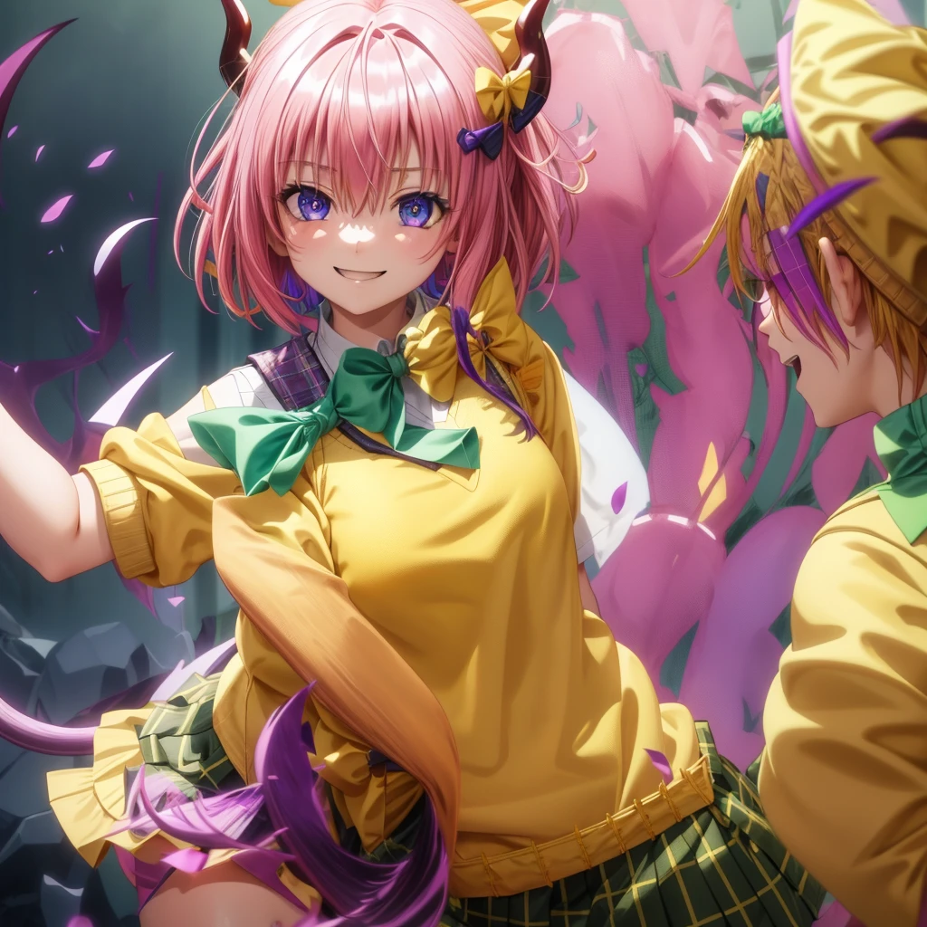 Momodebilke, Deviluke Type, demon tail, Hair Flowers, hair ornaments, (Purple eyes:1.1), Pink Hair, short hair, tail, smile，do，Highest quality，
break demon tail, green skirt, Plaid, Plaid skirt, Sainan High , , skirt, Sweater vest, Knee socks,Standing posture， (Yellow Sweater:1.5), Short sleeve, bow, (green bow:1.5),
break indoors, classroom,
break looking at viewer, (Cowboy Shot:1.5),
break (傑do:1.2), Highest quality, High resolution, unity 8k wallpaper, (figure:0.8), (beautiful detailed eyes:1.6), extremely detailed face, Perfect lighting, extremely detailed CG, (Perfect hands, Perfect Anatomy),