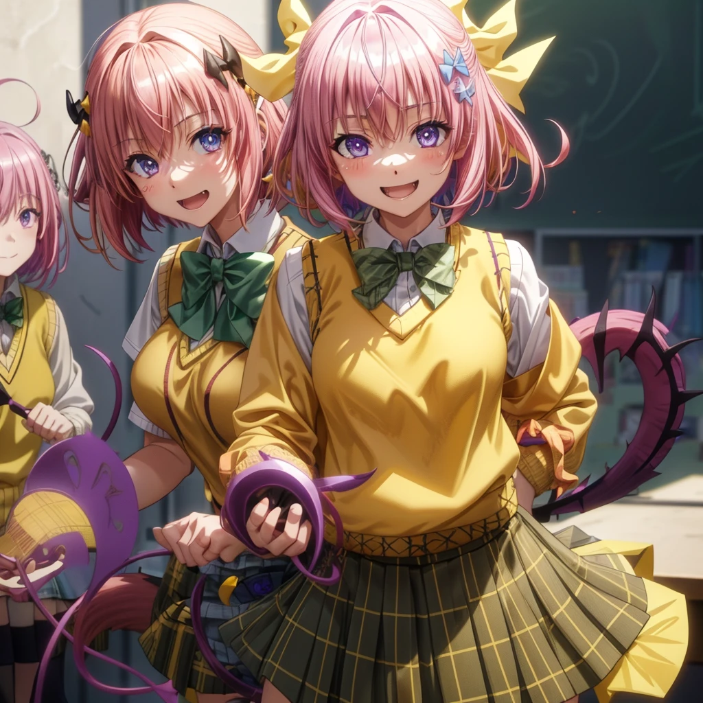 Momodebilke, Deviluke Type, demon tail, Hair Flowers, hair ornaments, (Purple eyes:1.1), Pink Hair, short hair, tail, smile，do，Highest quality，
break demon tail, green skirt, Plaid, Plaid skirt, Sainan High , , skirt, Sweater vest, Knee socks,Standing posture， (Yellow Sweater:1.5), Short sleeve, bow, (green bow:1.5),
break indoors, classroom,
break looking at viewer, (Cowboy Shot:1.5),
break (傑do:1.2), Highest quality, High resolution, unity 8k wallpaper, (figure:0.8), (beautiful detailed eyes:1.6), extremely detailed face, Perfect lighting, extremely detailed CG, (Perfect hands, Perfect Anatomy),