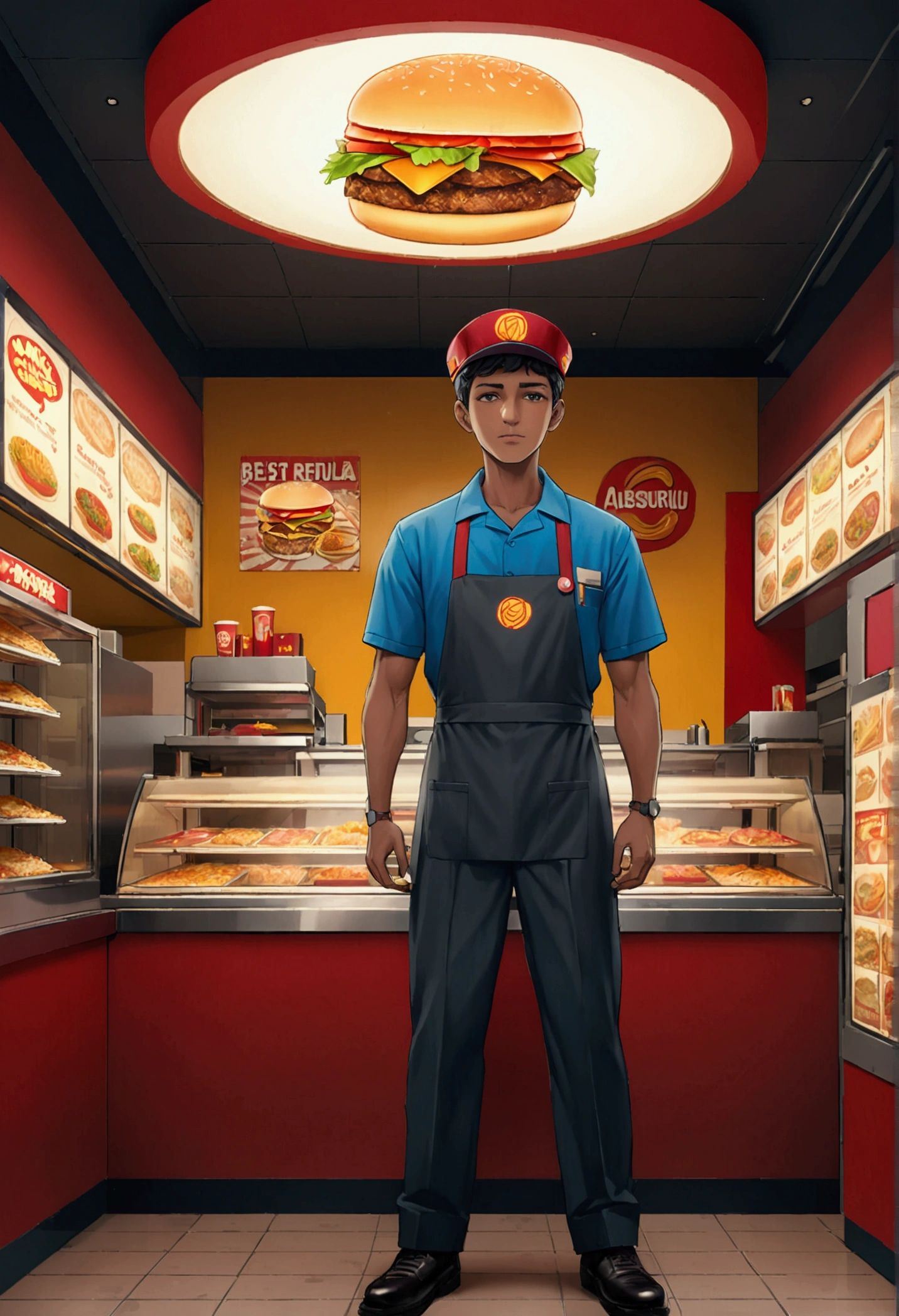 (a Fast Food Worker), full body, award-winning, cinematic still, emotional, vignette, dynamic, vivid, (masterpiece, best quality, Professional, perfect composition, very aesthetic, absurdres, ultra-detailed, intricate details:1.3)