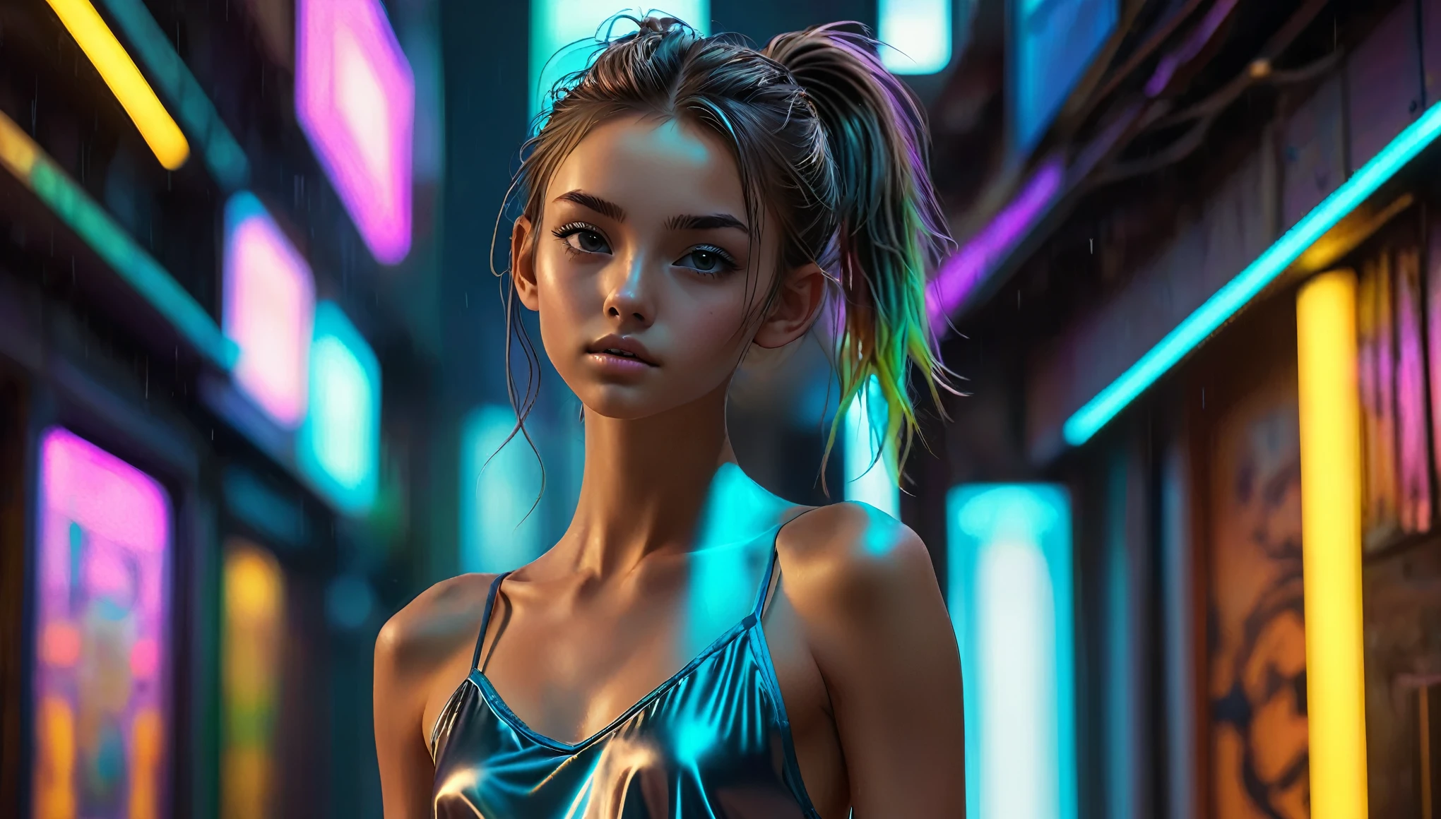 Top Quality, Masterpiece, High Resolution, 8k, (((cute skinny barely legal girl in oversized silky Cami Shorts Set and wetlook leggings, bare belly, wide neckline, deep neckline, small perky breasts, beautiful detailed eyes, beautiful detailed lips, small closed mouth, extremely detailed face, long ponytail hair, small hips))), cyberpunk apartment, moody atmosphere, dramatic and random neon colors, futuristic setting, intricate details, at night, backlit, full body shot, view from distance 