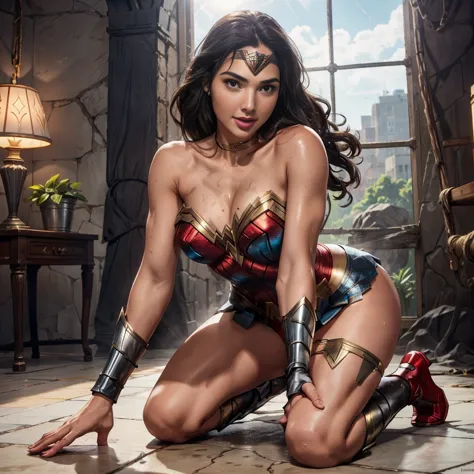 Gal Gadot plays Wonder Woman，beautiful face, Vivid expressions，Open mouth，Smile charmingly