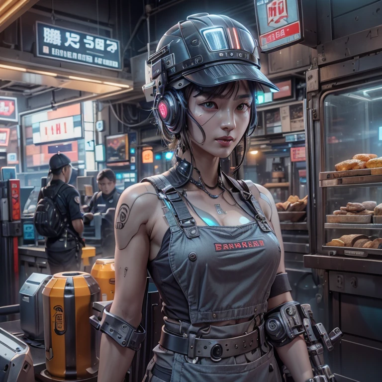 ((Fast Food Restaurant、Burger Shop、clerk、apron、hat、Food Serving:1.9、Detailed facial features、Beautifully detailed eyes、Beautifully detailed lips、Very detailedな顔と目、Long eyelashes))、Cyberpunk Cyborg、Humanoid Cyborg、cybernetic creature、Android、 robot arm, mechanical arms、Future、high tech、Neon Light、Halo effects、Shining details、Reflective Metal、Complex Machinery、industrial、modern、Urban setting、Photorealistic、8K、Very detailed、Cinematic lighting、dramatic colors、Moody atmosphere、Concept Art、Digital Painting